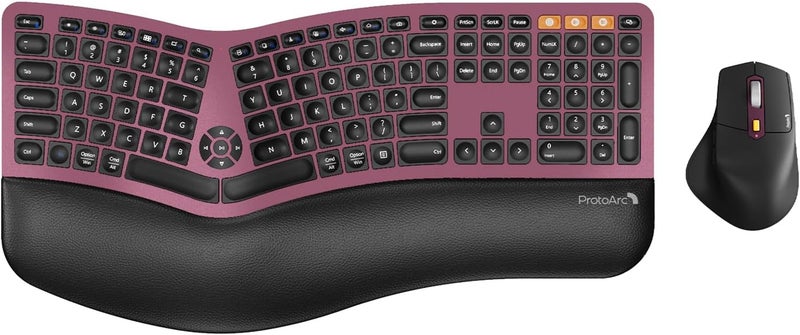 ProtoArc Ergonomic Wireless Keyboard Mouse, EKM01 Plus Full Size Ergo Bluetooth Keyboard Mouse Combo, Split Design, Wrist Rest, Multi-Device, Rechargeable, for Windows/Mac OS - Wine Red - Image 1